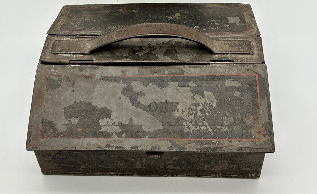 Vtg. Tin Box w/ Handle & two Vtg. Metal Tools /j