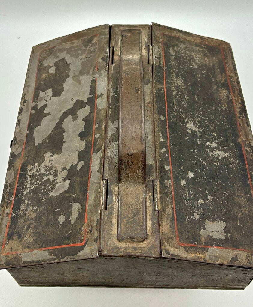 Vtg. Tin Box w/ Handle & two Vtg. Metal Tools /j