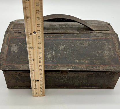 Vtg. Tin Box w/ Handle & two Vtg. Metal Tools /j