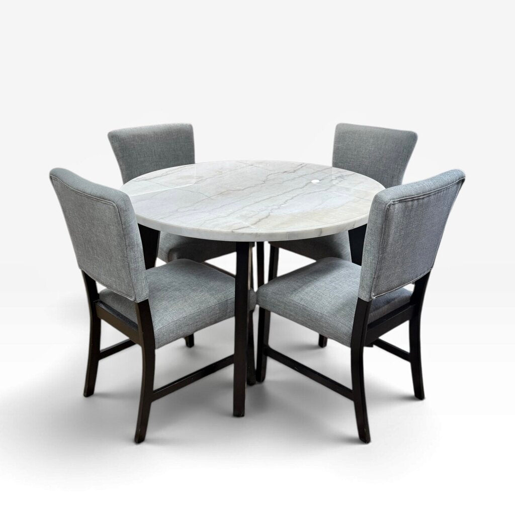 Round White Marble Dining Table with 4 Gray Upholstered Chairs