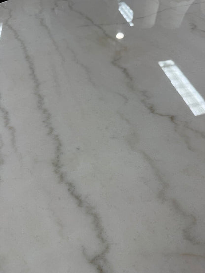 Round White Marble Dining Table with 4 Gray Upholstered Chairs