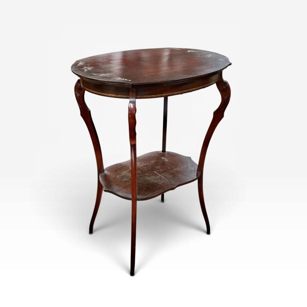 Tall Antique Oval Shaped Dark Wood Abalone Inlay Table