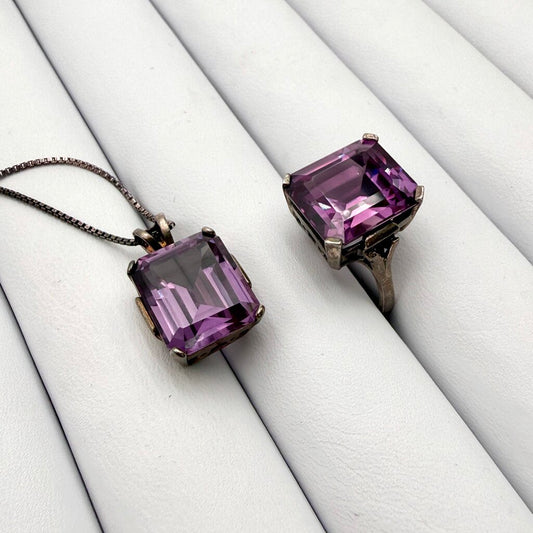 Sterling Silver Box Chain with Large Emerald Cut Amethyst Pendant and Matching Ring
