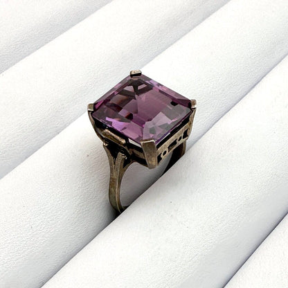 Sterling Silver Box Chain with Large Emerald Cut Amethyst Pendant and Matching Ring