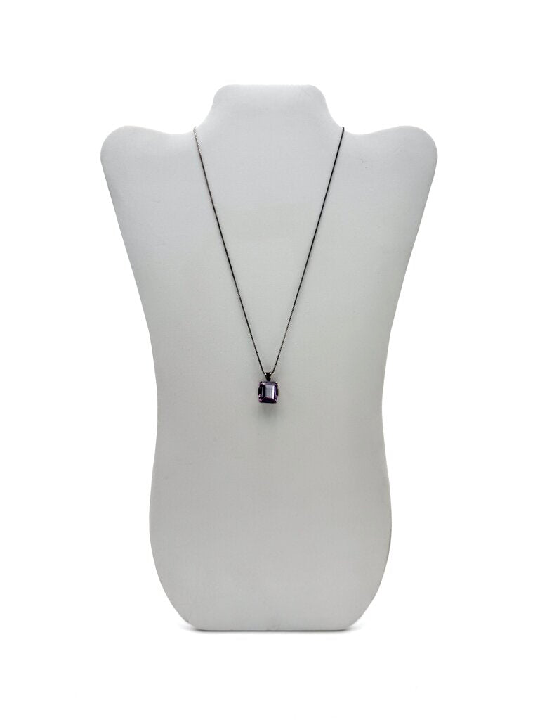 Sterling Silver Box Chain with Large Emerald Cut Amethyst Pendant and Matching Ring