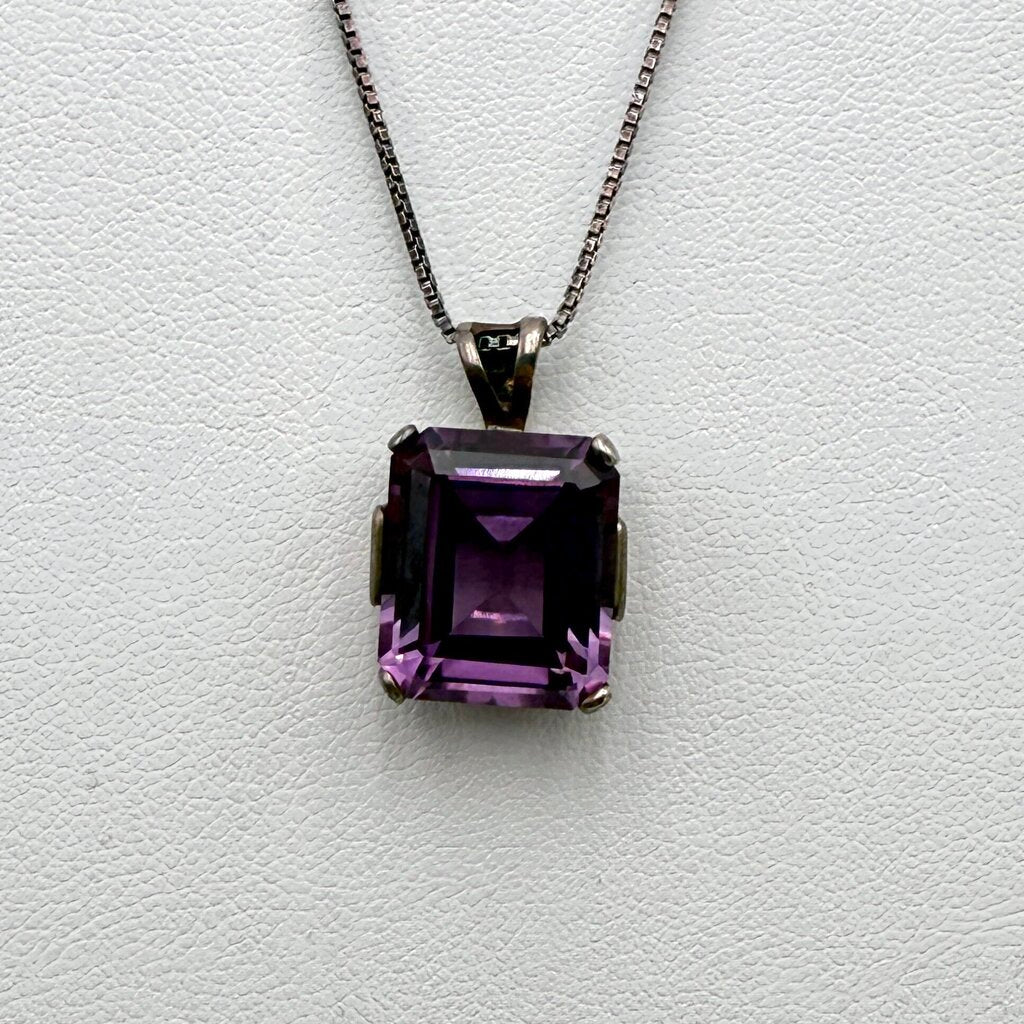 Sterling Silver Box Chain with Large Emerald Cut Amethyst Pendant and Matching Ring