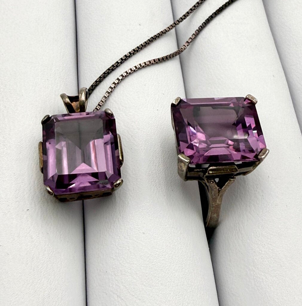 Sterling Silver Box Chain with Large Emerald Cut Amethyst Pendant and Matching Ring