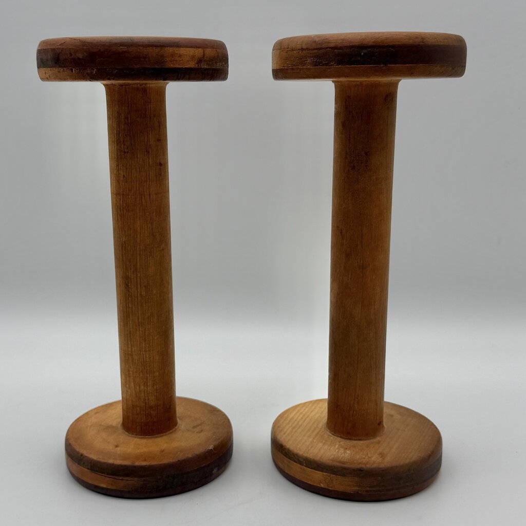 Pair of Antique Wooden Industrial Textile Spools Primitive Decor 12 Inches /cb