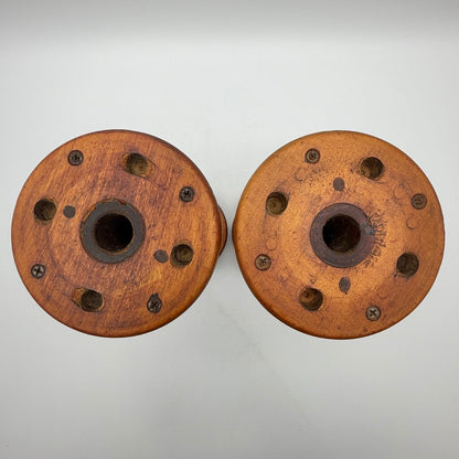 Pair of Antique Wooden Industrial Textile Spools Primitive Decor 12 Inches /cb