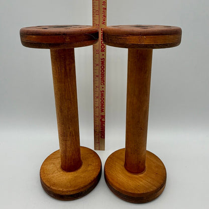 Pair of Antique Wooden Industrial Textile Spools Primitive Decor 12 Inches /cb
