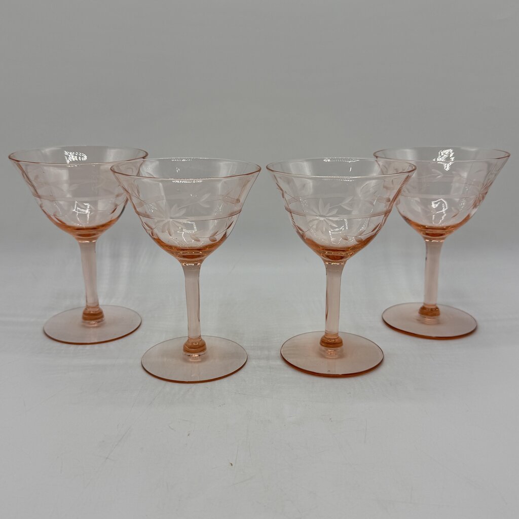 Set of 4 Vintage Pink Depression Glass Floral Etched Tall Sherbet/Champagne Glases 5” /cb