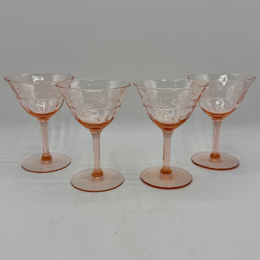Set of 4 Vintage Pink Depression Glass Floral Etched Tall Sherbet/Champagne Glases 5” /cb
