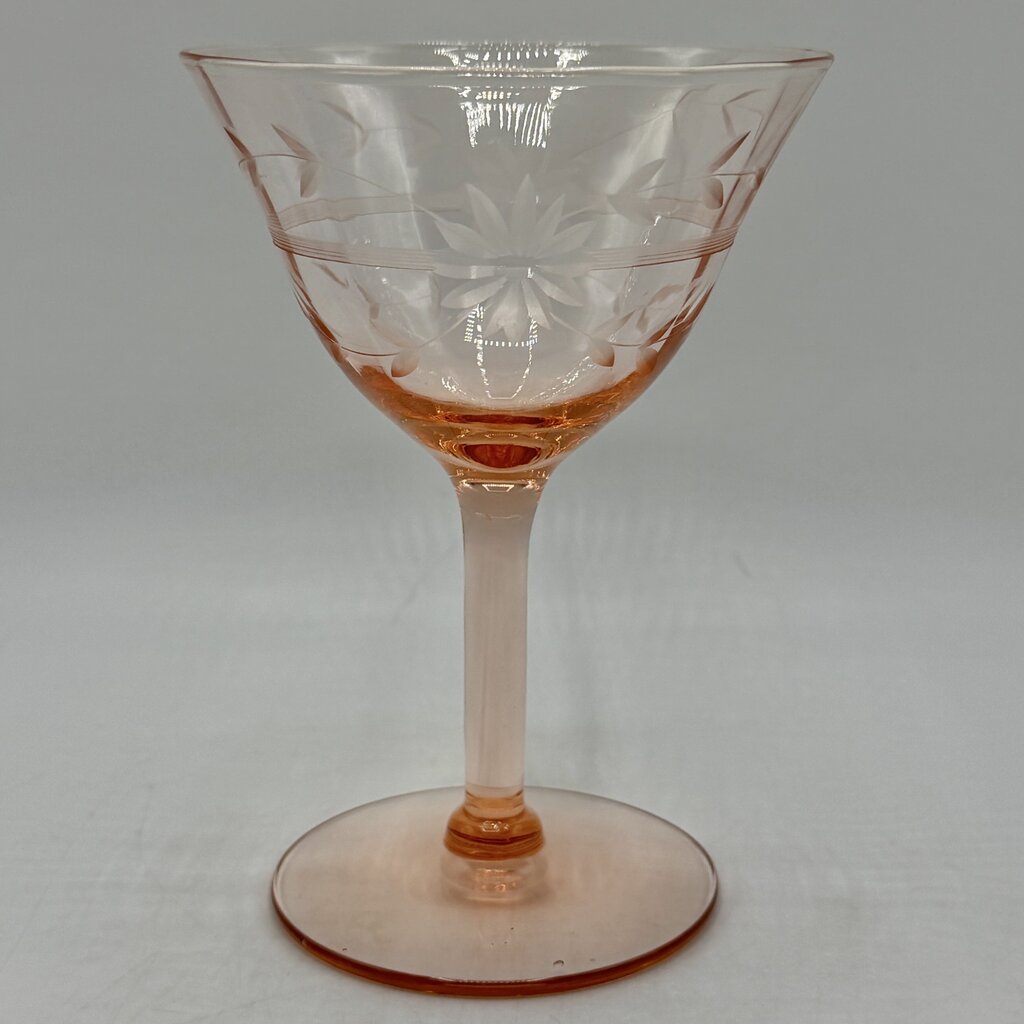 Set of 4 Vintage Pink Depression Glass Floral Etched Tall Sherbet/Champagne Glases 5” /cb