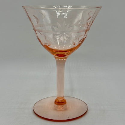 Set of 4 Vintage Pink Depression Glass Floral Etched Tall Sherbet/Champagne Glases 5” /cb
