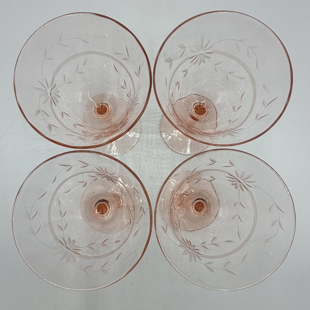 Set of 4 Vintage Pink Depression Glass Floral Etched Tall Sherbet/Champagne Glases 5” /cb