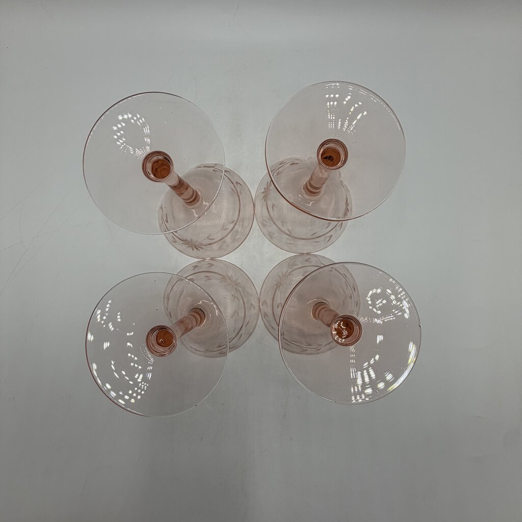 Set of 4 Vintage Pink Depression Glass Floral Etched Tall Sherbet/Champagne Glases 5” /cb