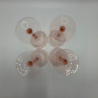 Set of 4 Vintage Pink Depression Glass Floral Etched Tall Sherbet/Champagne Glases 5” /cb
