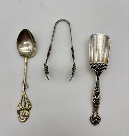 Set of 3 Vtg. European Silver Tea or Sugar Serving Utensils Sugar Shovel, Sugar Cube Tongs, Demitasse Spoon /j