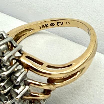 14k Yellow Gold Stepping Swirl Diamond Cluster Ring