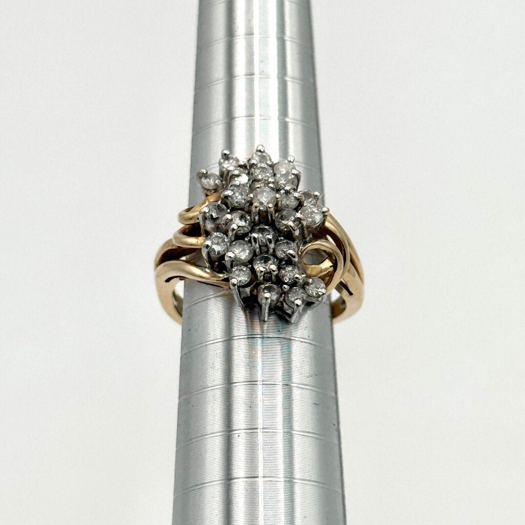14k Yellow Gold Stepping Swirl Diamond Cluster Ring