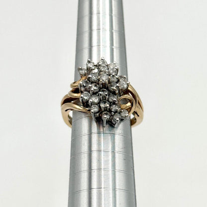 14k Yellow Gold Stepping Swirl Diamond Cluster Ring