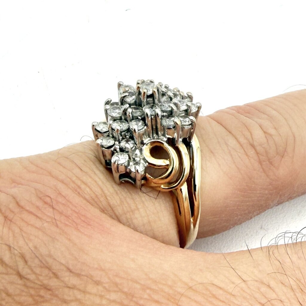 14k Yellow Gold Stepping Swirl Diamond Cluster Ring