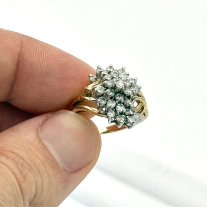 14k Yellow Gold Stepping Swirl Diamond Cluster Ring