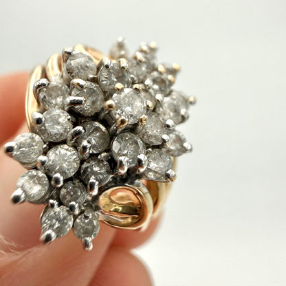 14k Yellow Gold Stepping Swirl Diamond Cluster Ring