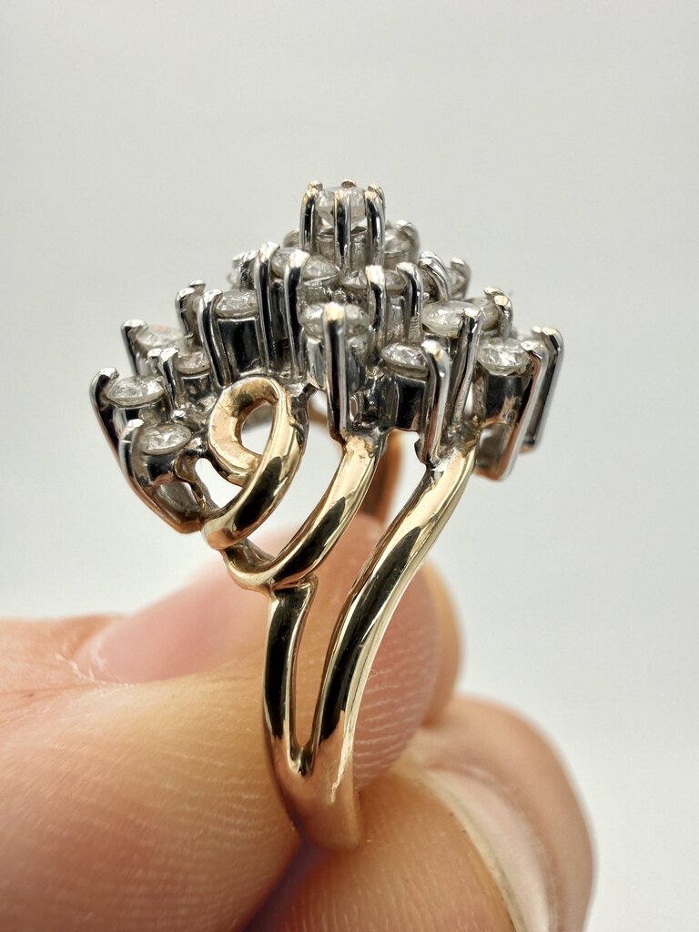14k Yellow Gold Stepping Swirl Diamond Cluster Ring