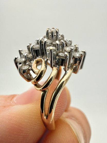 14k Yellow Gold Stepping Swirl Diamond Cluster Ring