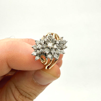 14k Yellow Gold Stepping Swirl Diamond Cluster Ring