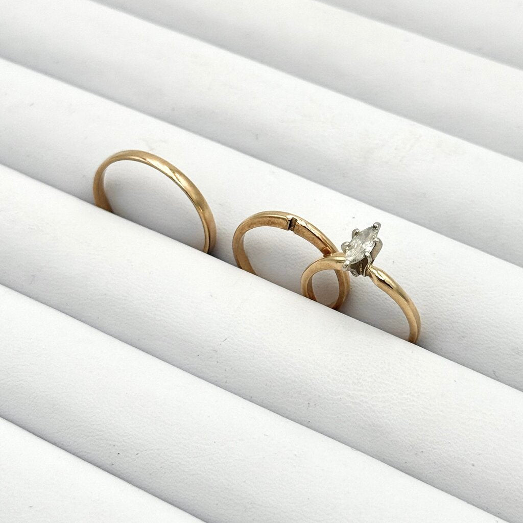 Set of 3 Yellow Gold 14k Wedding Bands w/ Marquise Cut Diamond Engagement Ring