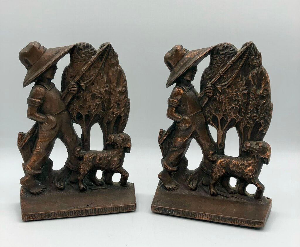 Vtg 1920s/ 1930s Verona Boy & Dog Fishing Day Bronzed Cast Iron Bookends /b