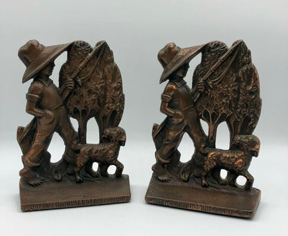 Vtg 1920s/ 1930s Verona Boy & Dog Fishing Day Bronzed Cast Iron Bookends /b