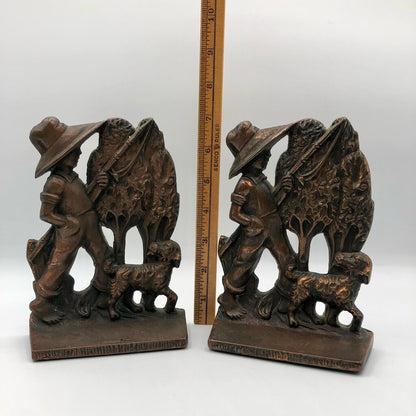 Vtg 1920s/ 1930s Verona Boy & Dog Fishing Day Bronzed Cast Iron Bookends /b