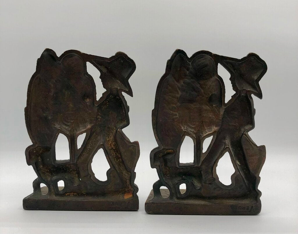 Vtg 1920s/ 1930s Verona Boy & Dog Fishing Day Bronzed Cast Iron Bookends /b