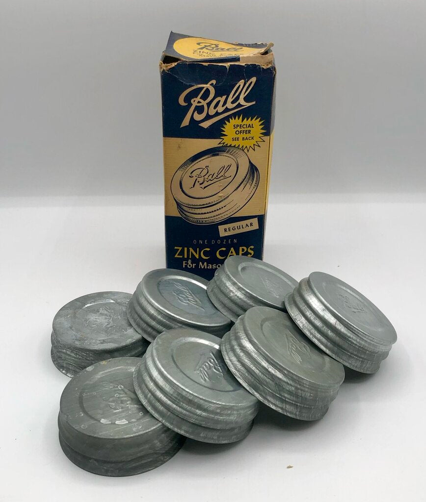7pc Ball Mason Jar Zinc Caps w/ Porcelain Liners & Original Box /b