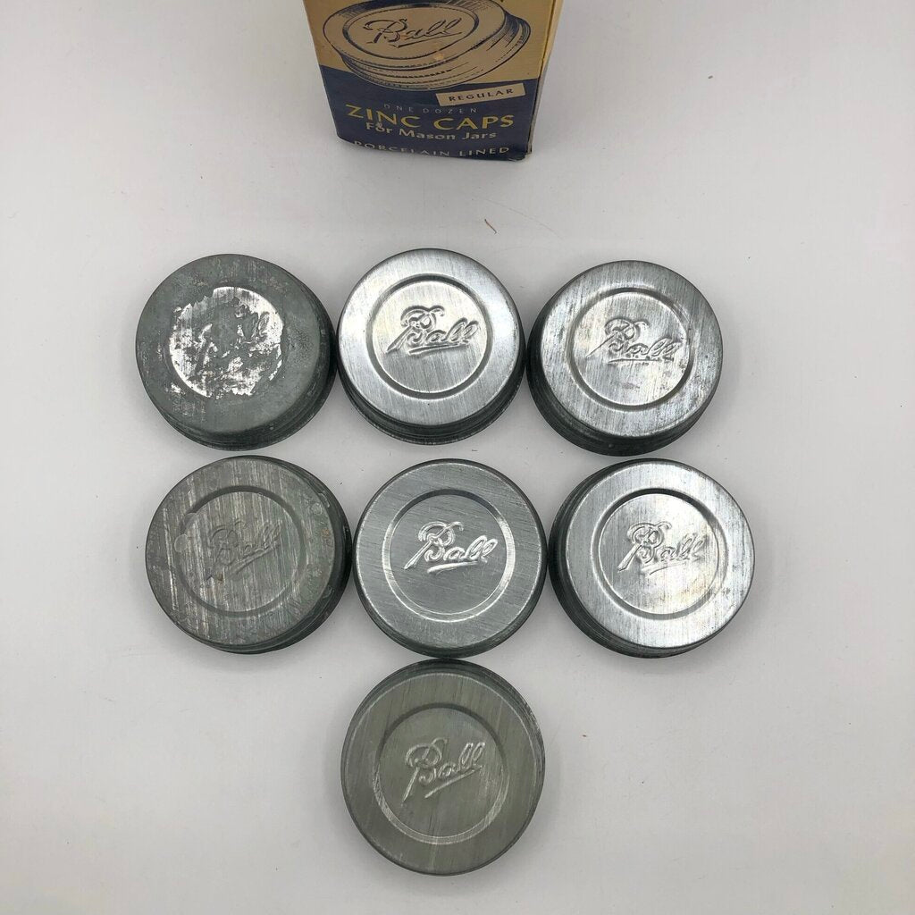 7pc Ball Mason Jar Zinc Caps w/ Porcelain Liners & Original Box /b