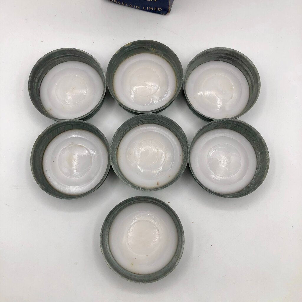 7pc Ball Mason Jar Zinc Caps w/ Porcelain Liners & Original Box /b