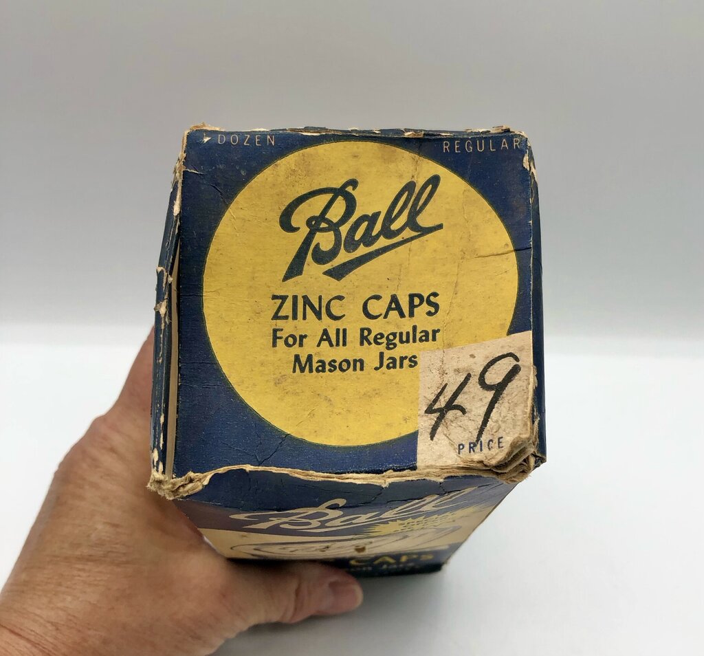 7pc Ball Mason Jar Zinc Caps w/ Porcelain Liners & Original Box /b