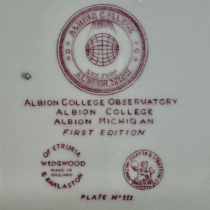 Vintage Wedgwood Albion College Observatory First Edition 10 3/8” Commemorative Plate Pink Transferware /cb