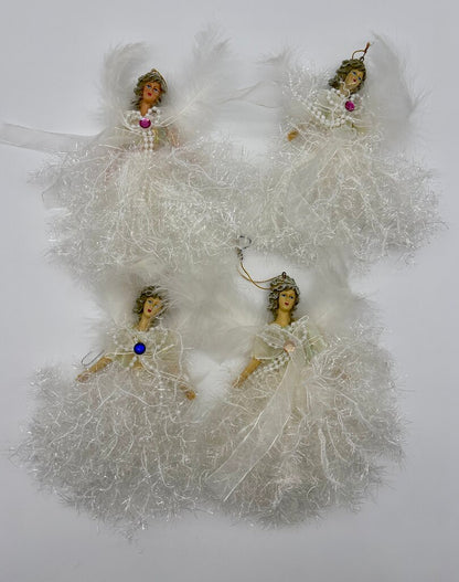 Set of 4 Christmas White Feather Angels Birthstone Ornament /j