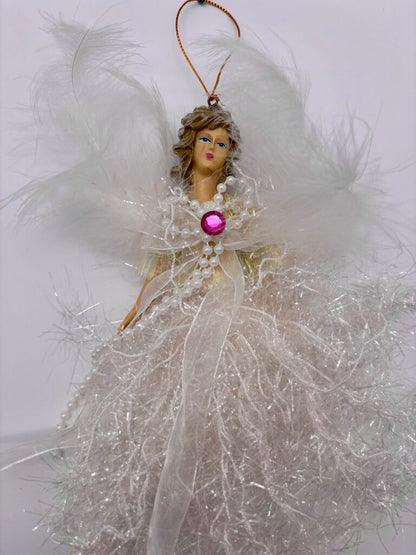 Set of 4 Christmas White Feather Angels Birthstone Ornament /j