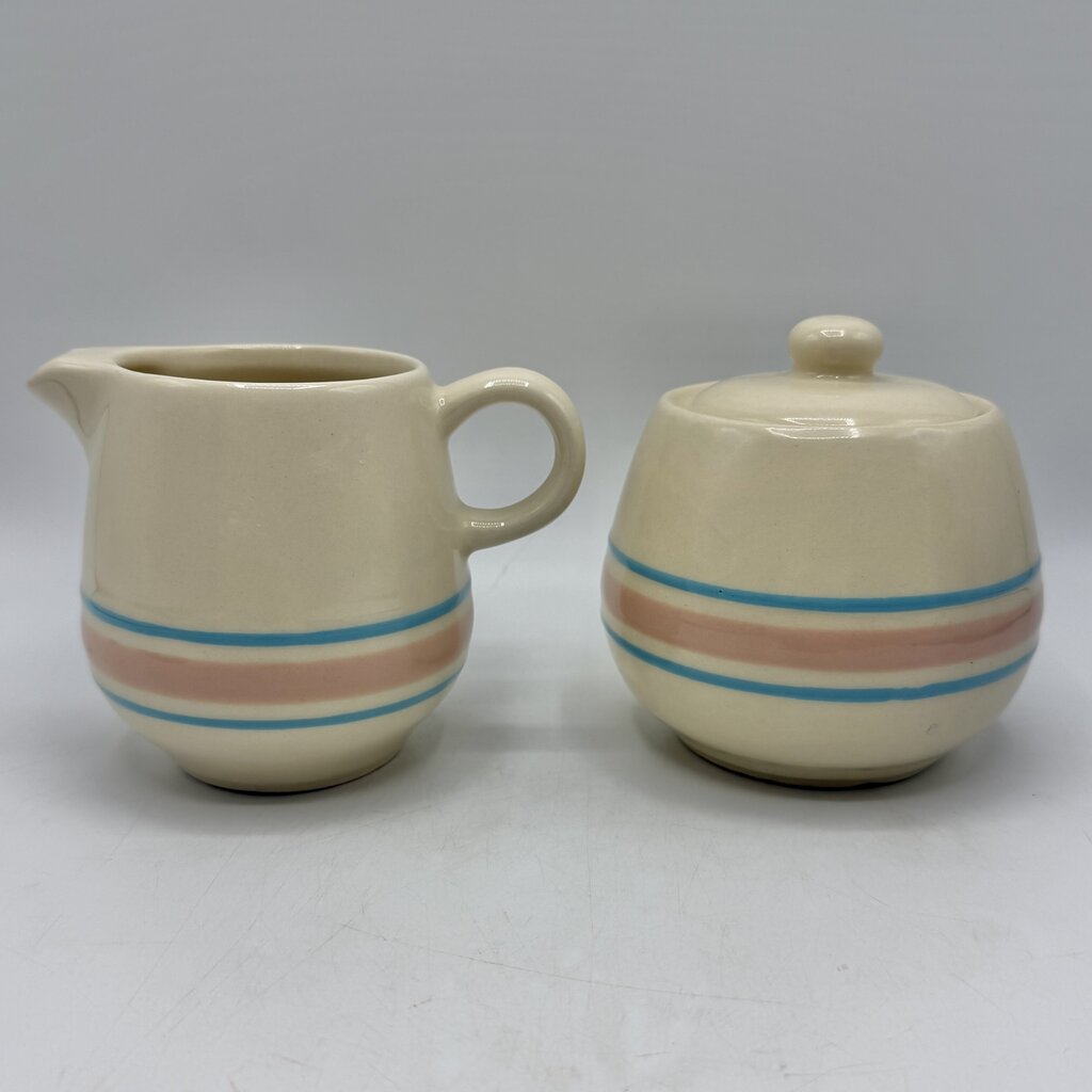 Vintage McCoy Cream Glaze Pink & Blue Stripes Covered Sugar Bowl and Creamer Set /cb