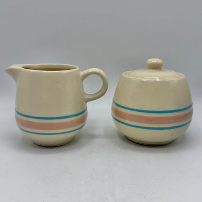 Vintage McCoy Cream Glaze Pink & Blue Stripes Covered Sugar Bowl and Creamer Set /cb