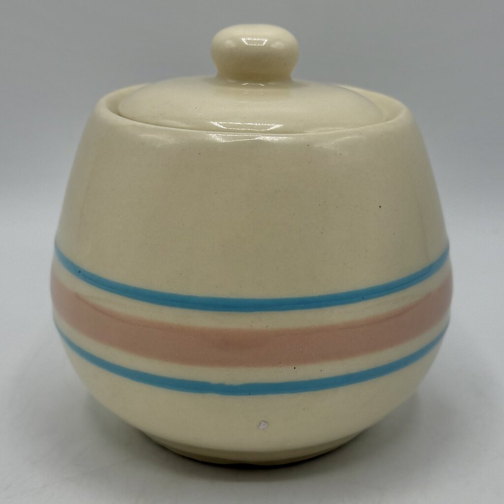 Vintage McCoy Cream Glaze Pink & Blue Stripes Covered Sugar Bowl and Creamer Set /cb