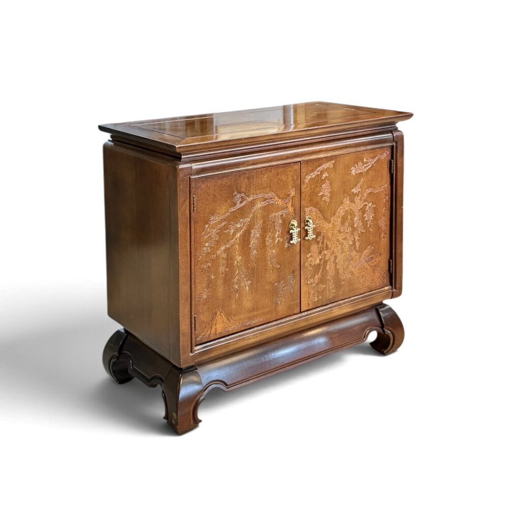 East Asian Style Dark Wood Etched Cabinet With Gold Accent Knobs