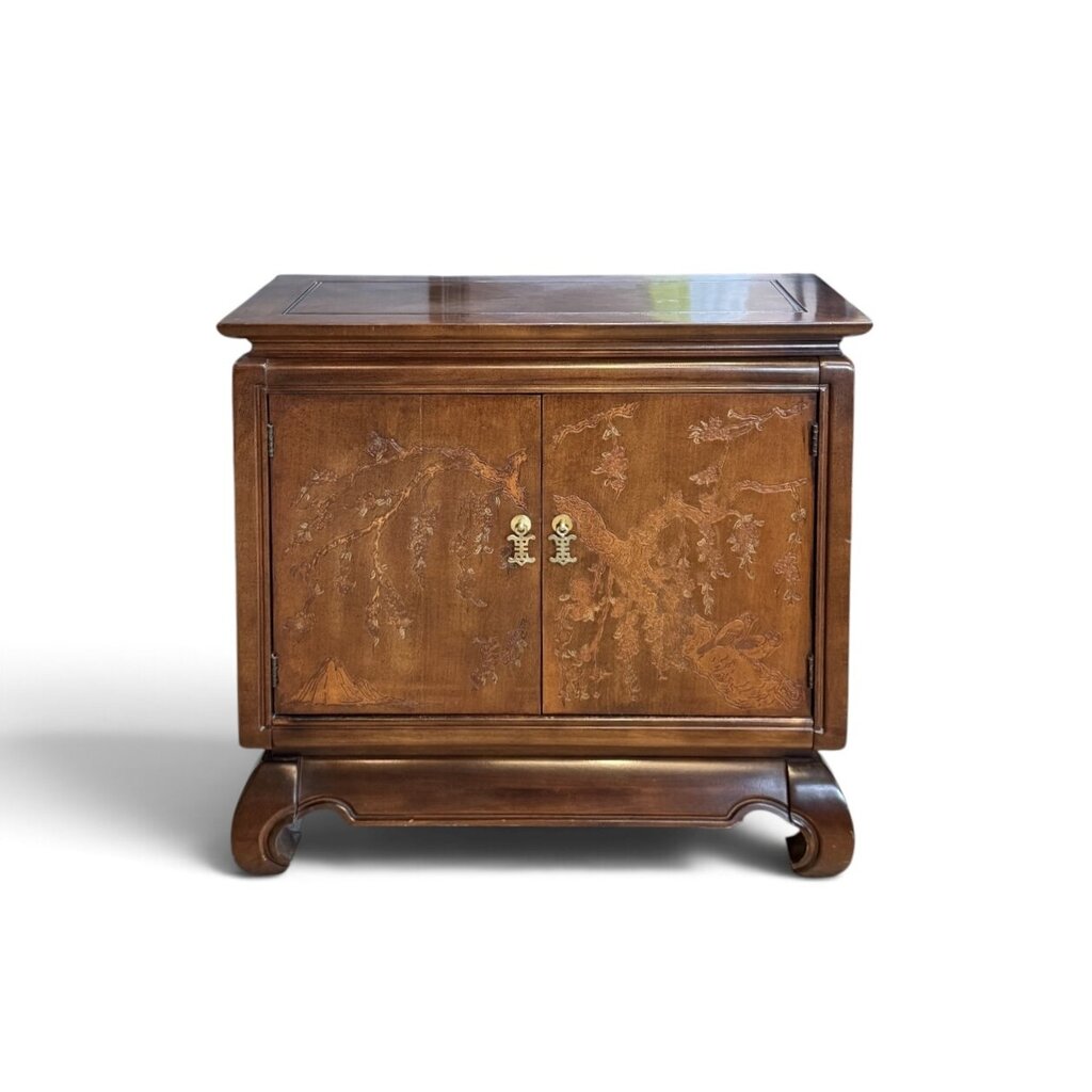 East Asian Style Dark Wood Etched Cabinet With Gold Accent Knobs