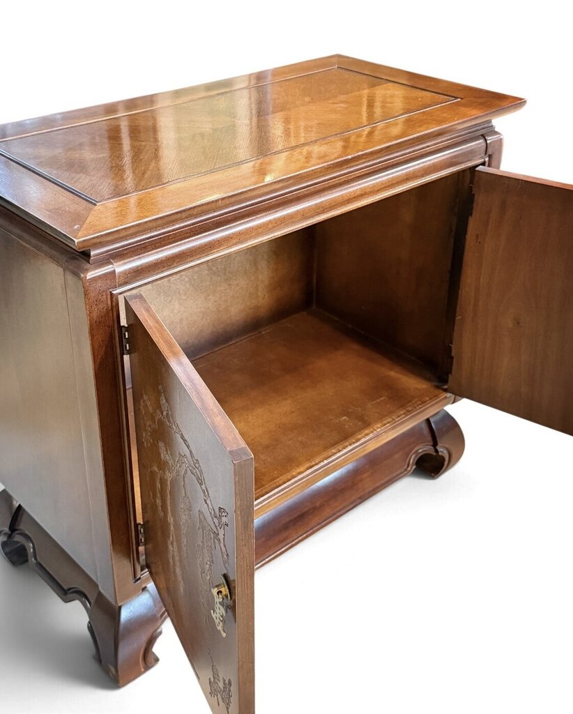 East Asian Style Dark Wood Etched Cabinet With Gold Accent Knobs