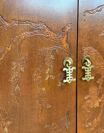 East Asian Style Dark Wood Etched Cabinet With Gold Accent Knobs
